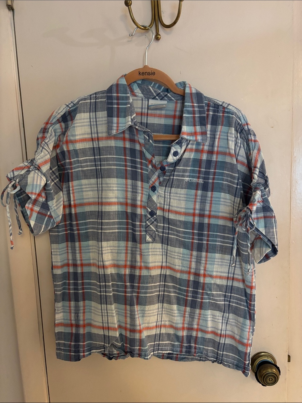 Columbia Blue and White Plaid Short-Sleeve Button Pullover Shirt